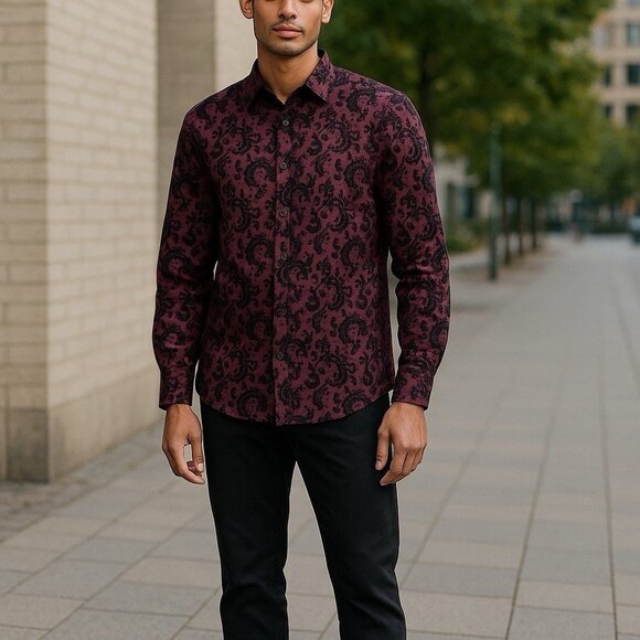 New International Concepts Mens M Shirt Black Purple Flocked Paisley Long Sleeve - Picture 1 of 11